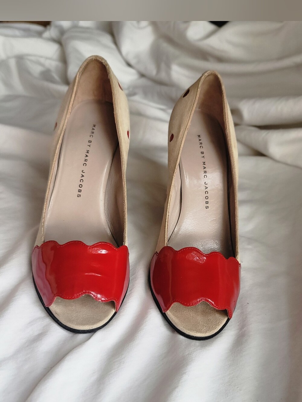Marc by Marc Jacobs Beige Suede Heels with Red Polka Dots - Picture 2 of 13